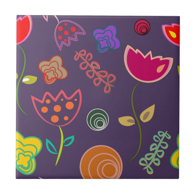 Modern arty purple and pink flowers ceramic tile (Front)