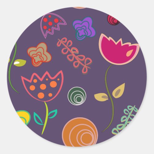 Modern arty purple and pink flowers classic round sticker