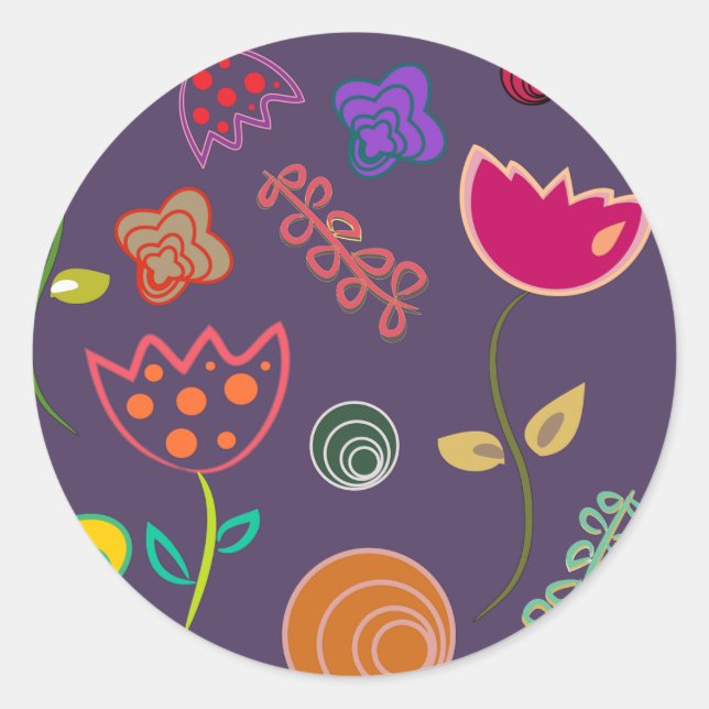 Modern arty purple and pink flowers classic round sticker (Front)
