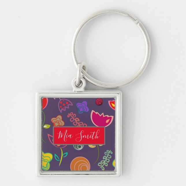 Modern arty purple and pink flowers keychain (Front)