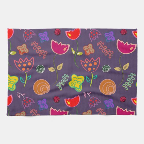 Modern arty purple and pink flowers kitchen towel