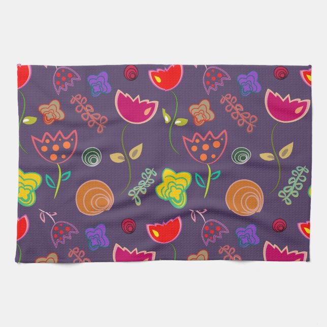 Modern arty purple and pink flowers kitchen towel (Horizontal)