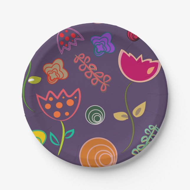 Modern arty purple and pink flowers paper plates (Front)