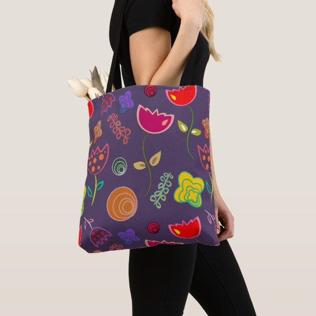 Modern arty purple and pink flowers tote bag (Close Up)