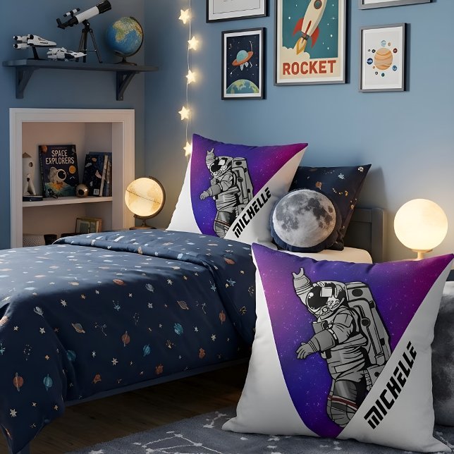 Modern Astronaut Purple Galaxy Space Custom Name Throw Pillow (Creator Uploaded)