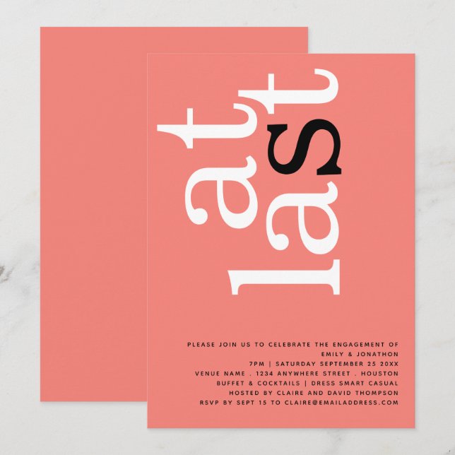 Modern At Last Coral Rose Engagement Party Invitation (Front/Back)