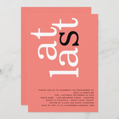 Modern At Last Coral Rose Engagement Party Invitation