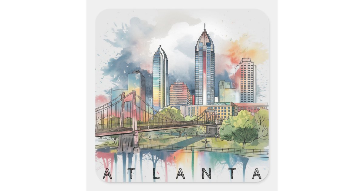 Modern Atlanta Georgia Stylized Watercolor Square Sticker | Zazzle