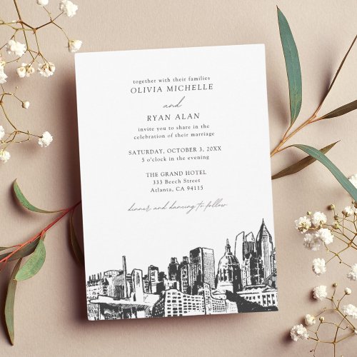 Modern Atlanta Wedding Skyline Black  White Invitation