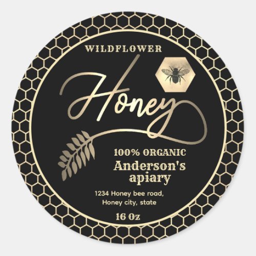 Modern attractive black gold bee script honey classic round sticker