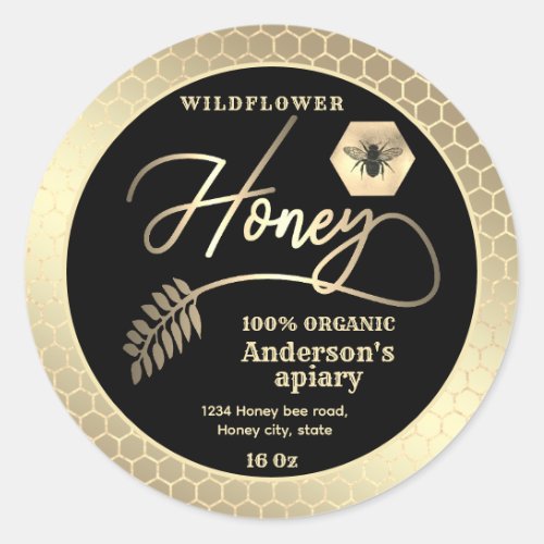 Modern attractive black gold bee script honey classic round sticker