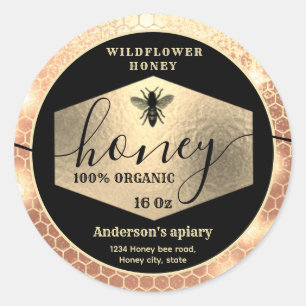 Modern attractive sparkle gold bee script honey classic round sticker