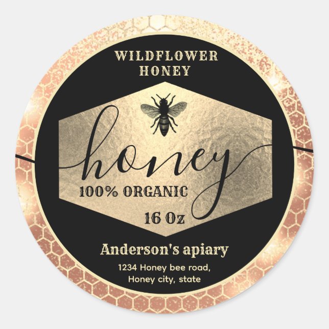 Modern attractive sparkle gold bee script honey    classic round sticker (Front)