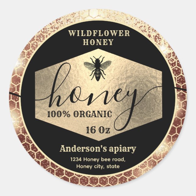 Modern attractive sparkle gold bee script honey   classic round sticker (Front)