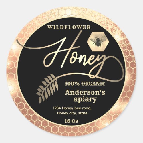Modern attractive sparkle gold bee script honey classic round sticker