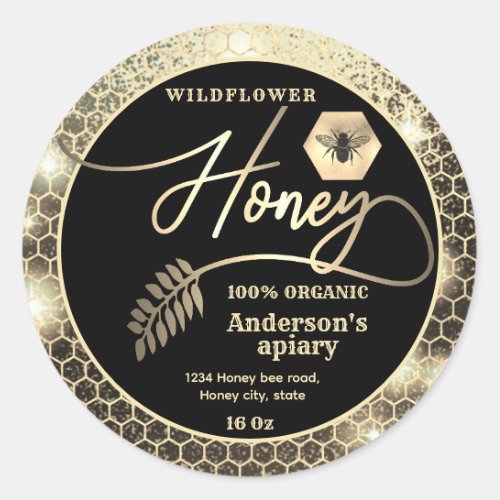 Modern attractive sparkle gold bee script honey classic round sticker