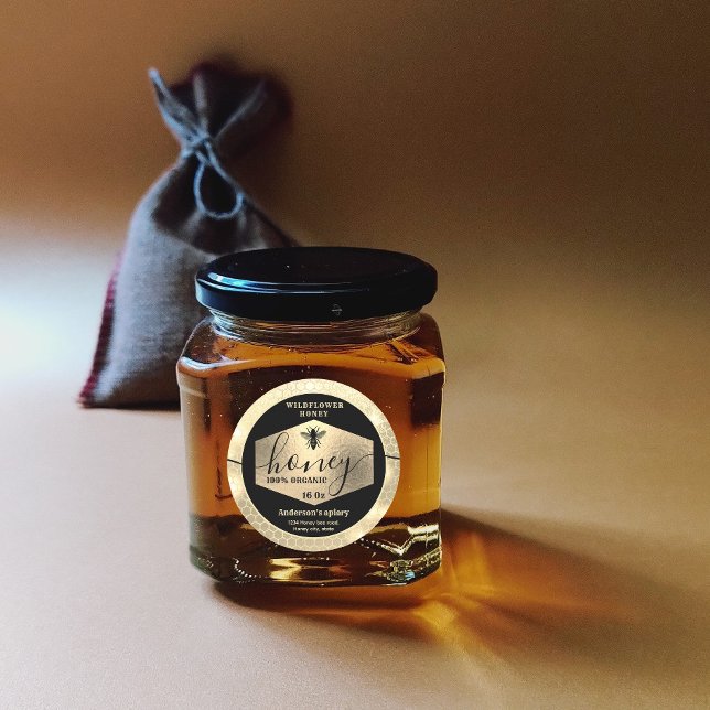 Modern attractive sparkle gold bee script honey    classic round sticker (Creator Uploaded)