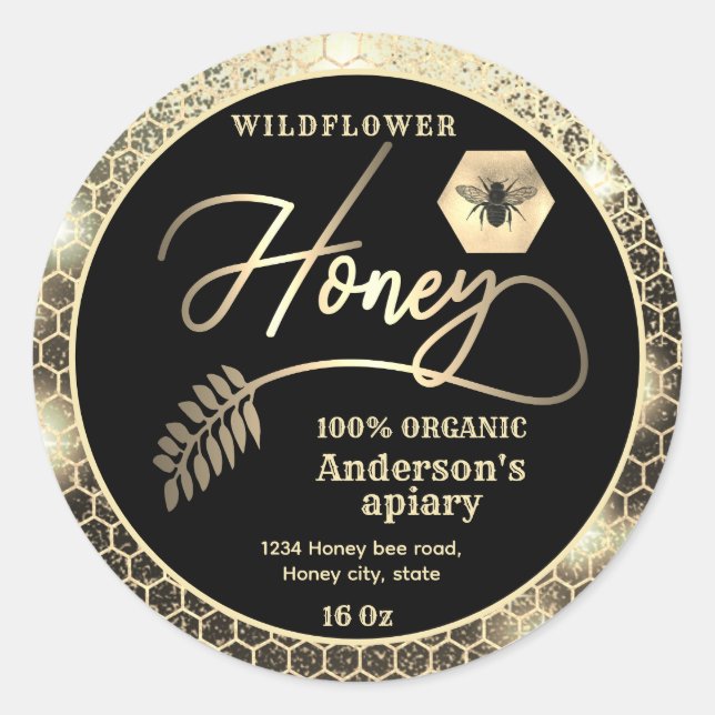 Modern attractive sparkle gold bee script honey classic round sticker (Front)