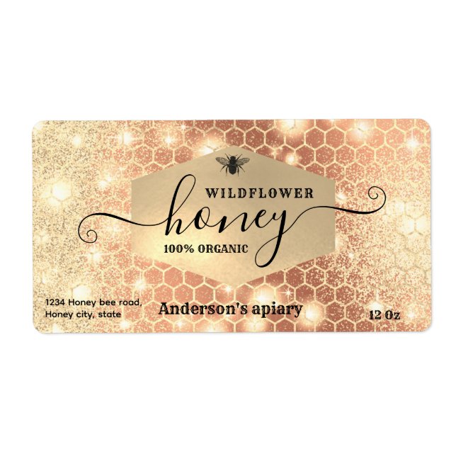 Modern attractive sparkle gold bee script honey la label (Front)
