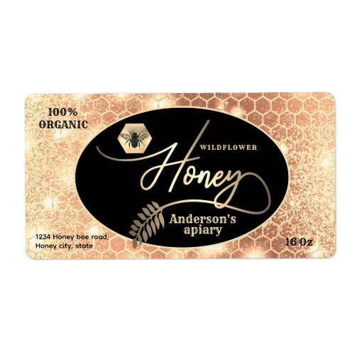 Modern attractive sparkle gold bee script honey label