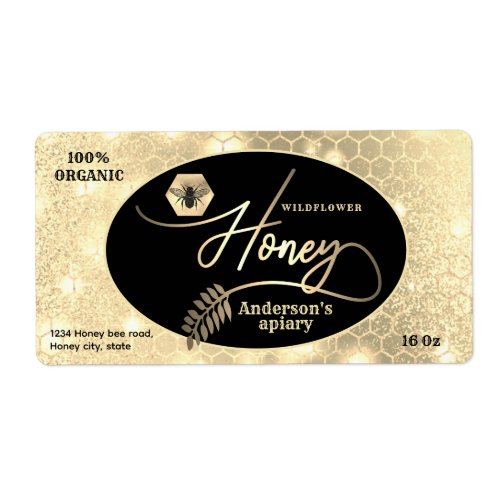 Modern attractive sparkle gold bee script honey label