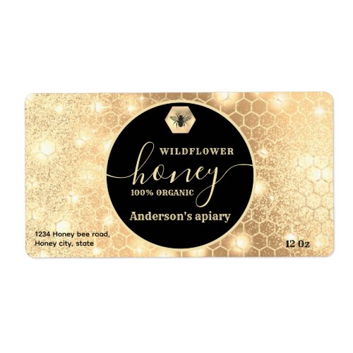 Modern attractive sparkle gold bee script honey label