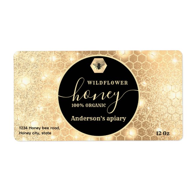 Modern attractive sparkle gold bee script honey label (Front)