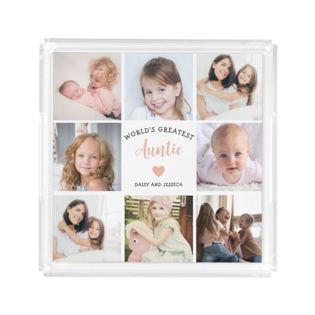 Modern Auntie Custom Photo Collage Pink Heart Acrylic Tray (Front)