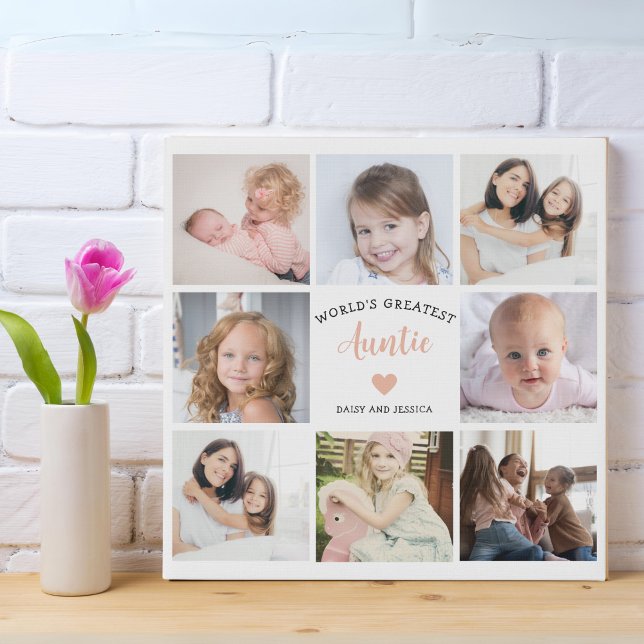 Modern Auntie Custom Photo Collage Pink Heart Faux Canvas Print (Creator Uploaded)