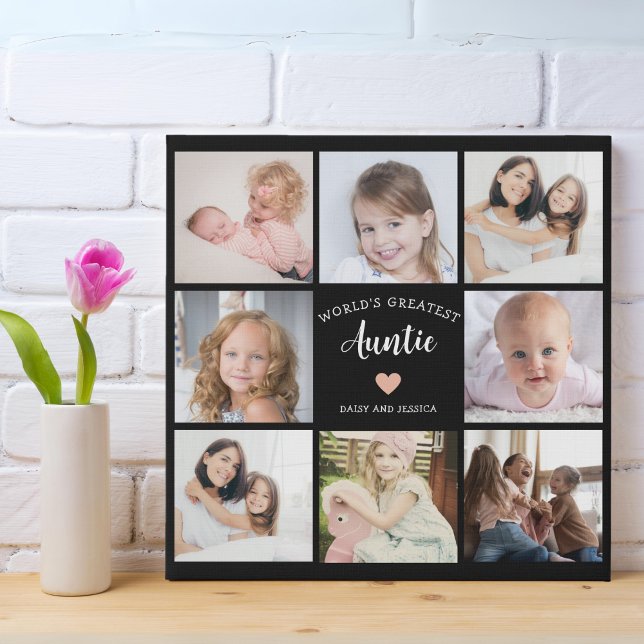 Modern Auntie Custom Photo Collage Pink Heart Faux Canvas Print (Creator Uploaded)