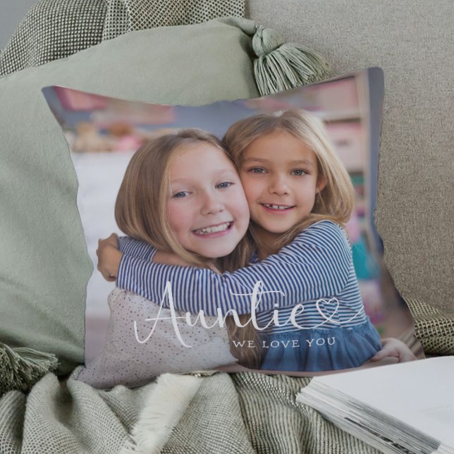 Modern Auntie We Love You Cute Heart 2 Photo Throw Pillow (Creator Uploaded)