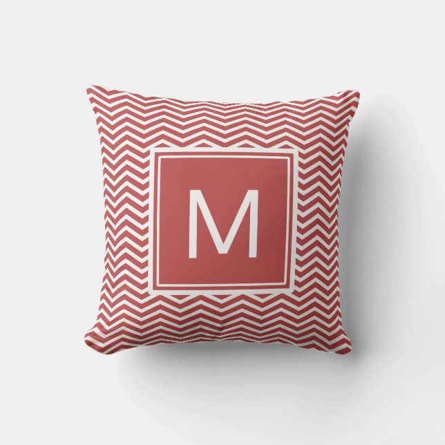 Modern Aurora Red Chevron Pattern With Monogram Throw Pillow (Front)