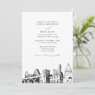Modern Austin Skyline Black & White Wedding Invitation