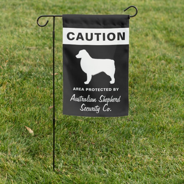 Modern Australian Shepherd Caution Warning Black Garden Flag (In SItu)
