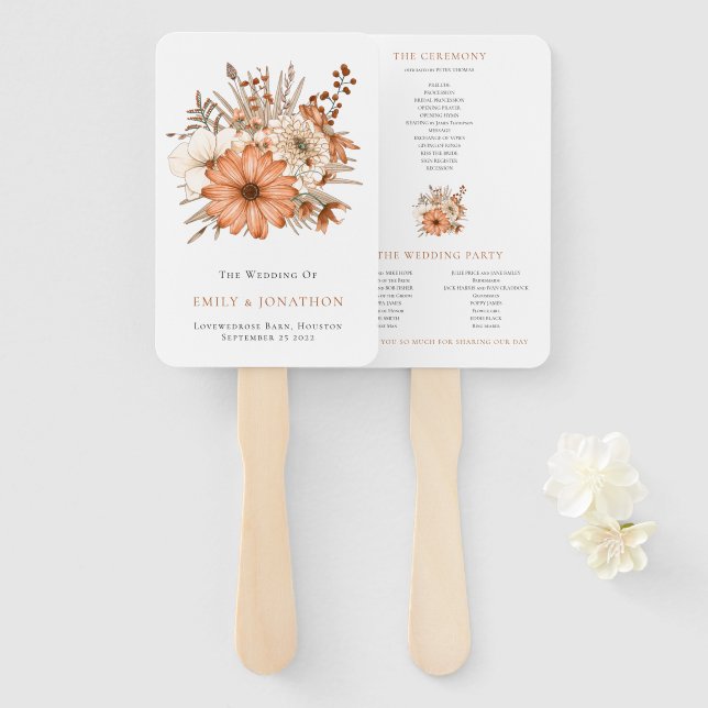 Modern Autumn Brown Cream Florals Program Hand Fan (Front and Back)