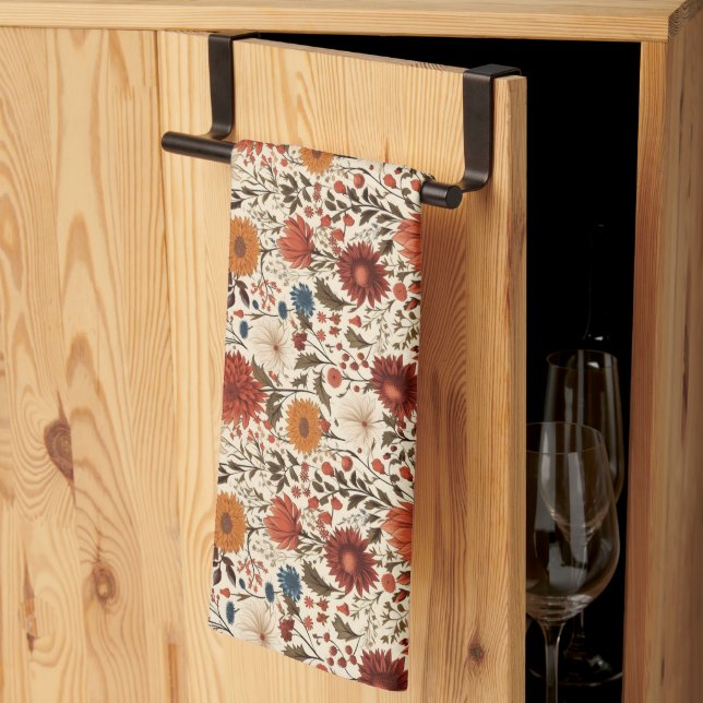 Modern Autumn Fall Botanical Floral  Kitchen Towel (Thirds Fold)