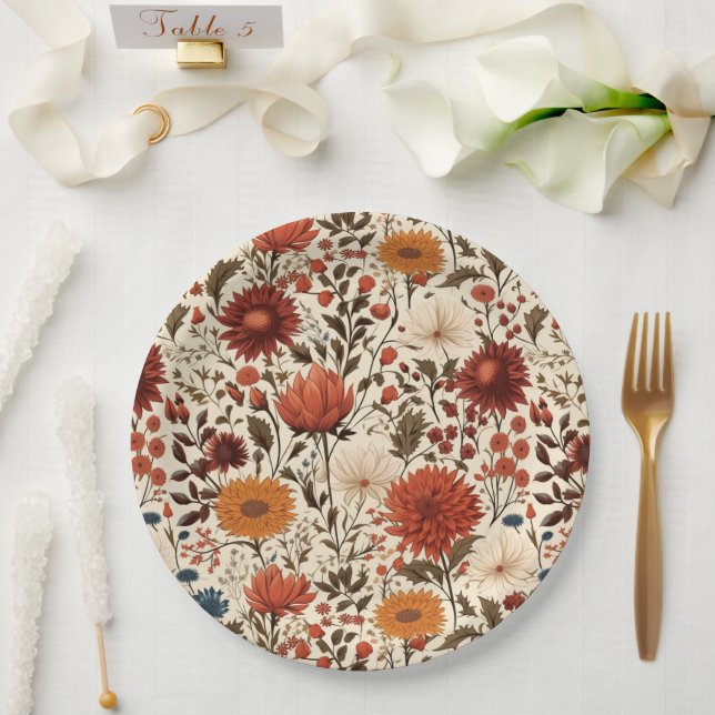Modern Autumn Fall Botanical Floral  Paper Plates (Wedding)