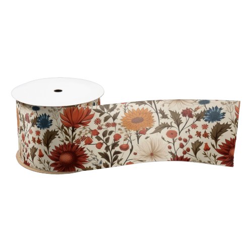 Modern Autumn Fall Botanical Floral  Satin Ribbon