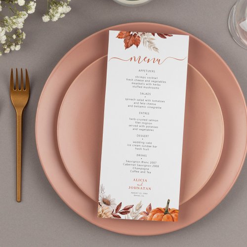 Modern autumn fall terracotta foliage wedding  menu