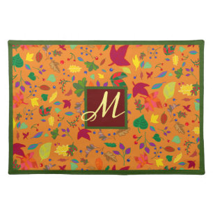 Modern Autumn Fall Thanksgiving Leaves Monogram  Cloth Placemat