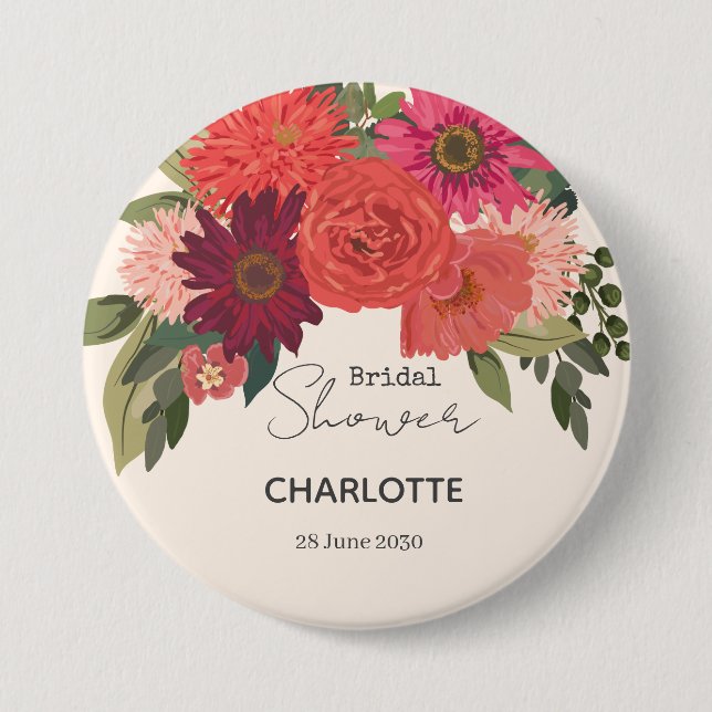 Modern Autumn Floral Bouquet Bridal Shower Button (Front)