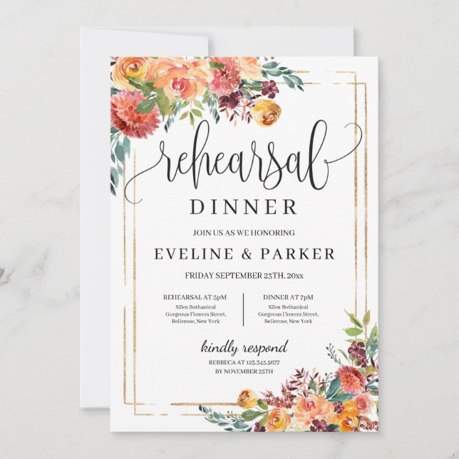 Modern Autumn Floral Rehearsal dinner invitation (Front)