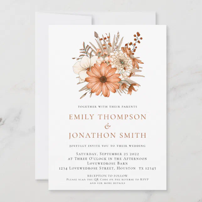 Modern Autumn Florals QR Code Wedding Invitation | Zazzle