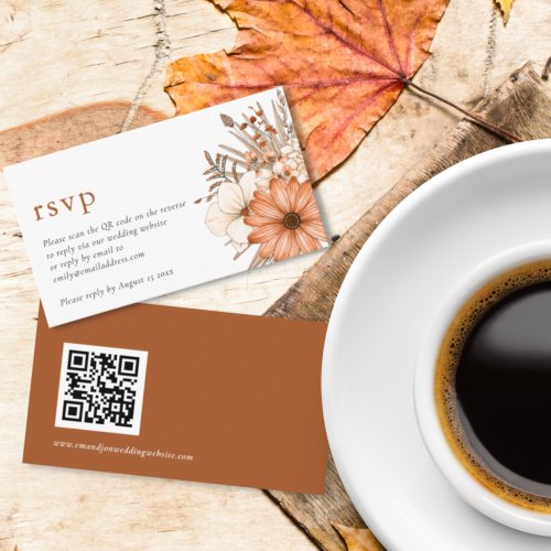 Modern Autumn Florals QR Code Wedding Online RSVP Enclosure Card