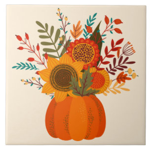 Modern Autumn Flowers in Pumpkin Ceramic Tile