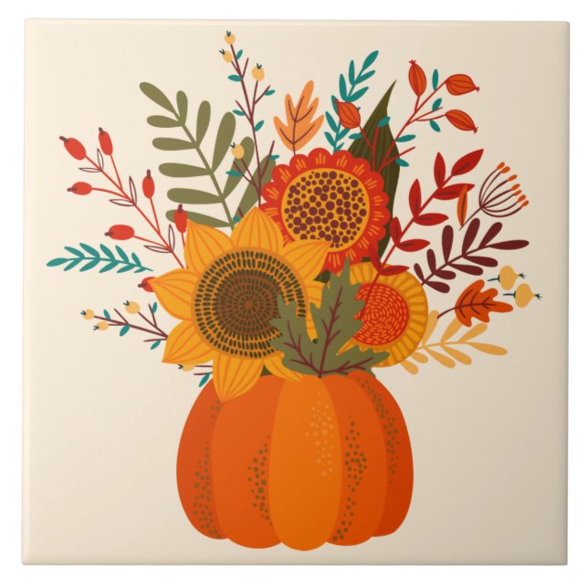 Modern Autumn Flowers in Pumpkin Ceramic Tile (Front)