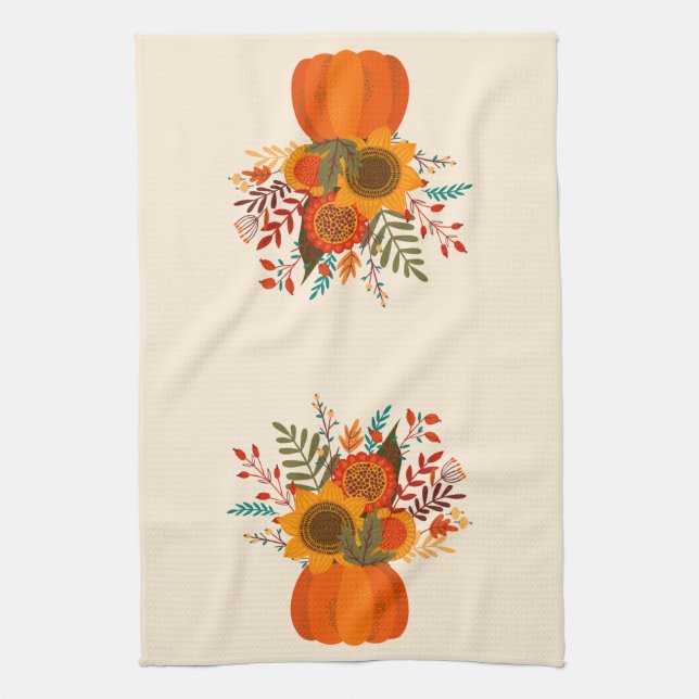 Modern Autumn Flowers in Pumpkin Kitchen Towel (Vertical)