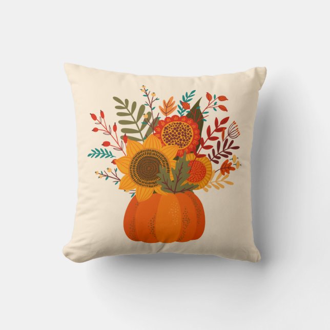 Modern Autumn Flowers in Pumpkin Throw Pillow (Front)