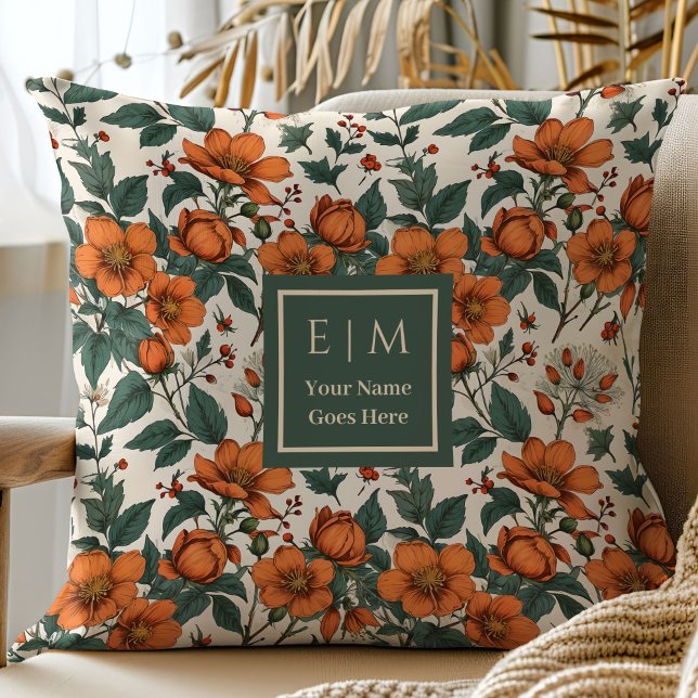 Modern Autumn Flowers Sage Pastel Olive Rust Pillo Throw Pillow (Modern Autumn Flowers Sage Pastel Olive Rust Pillow

)