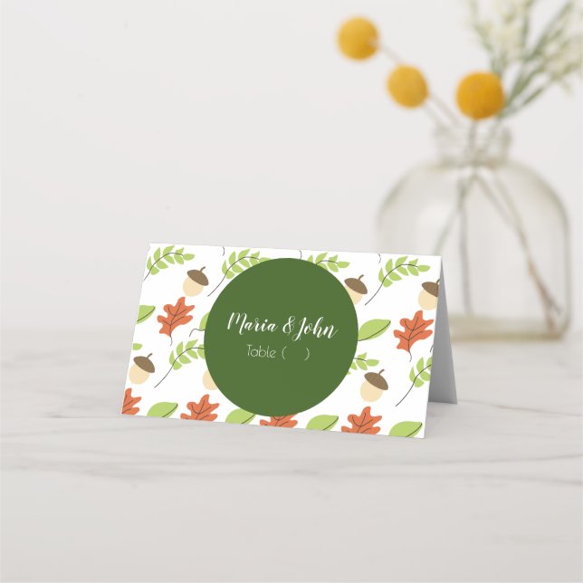 Modern Autumn Leaves Acorn Pattern Rehearsal Place Card (Front)